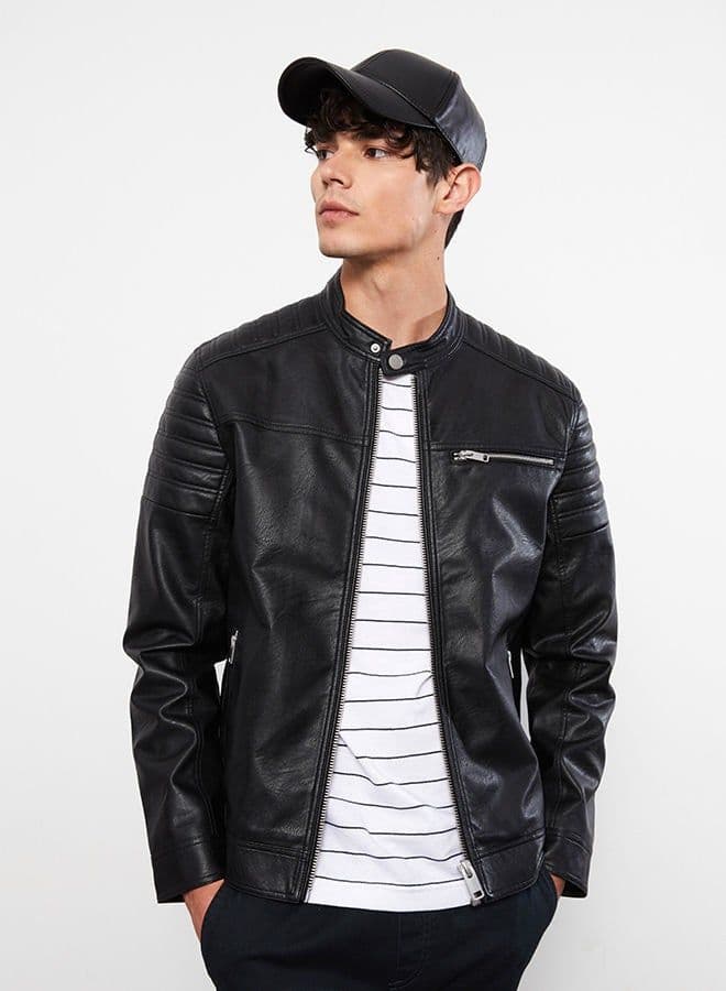 Slim Fit Stand Collar Men's Leather Look Coat