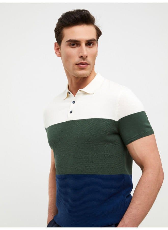 Polo Collar Short Sleeve Color Block Men's Knitwear Sweater